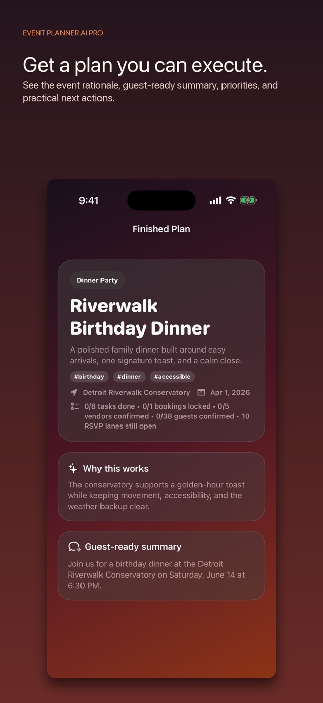 Event Planner AI Pro finished plan with rationale and guest-ready summary
