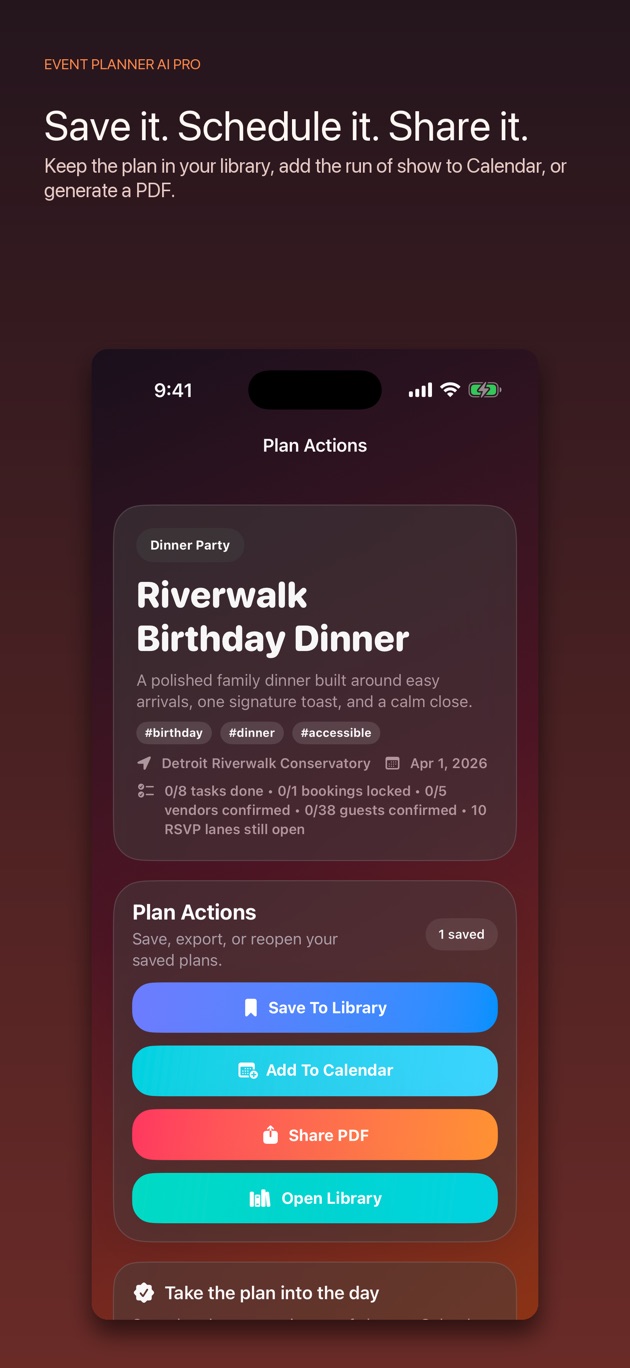 Event Planner AI Pro PDF and Calendar handoff choices